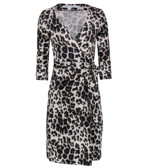 Diane Von Furstenberg DvF New Julian Cream Black Leopard Print Wrap Dress Sz 2 - Picture 10 of 12